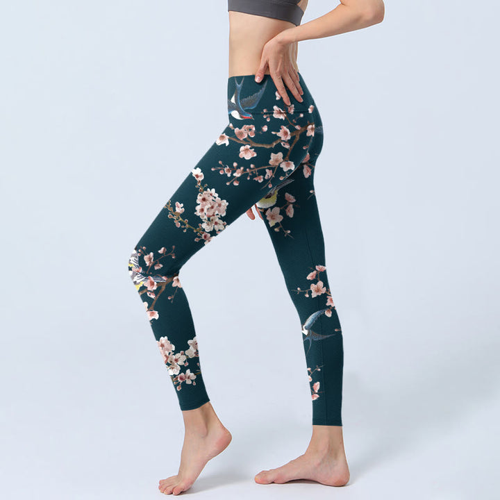 Buddha Stones、雀、ツバメ、桃の花柄プリントのジムレギンス、レディースヨガパンツ - image 3