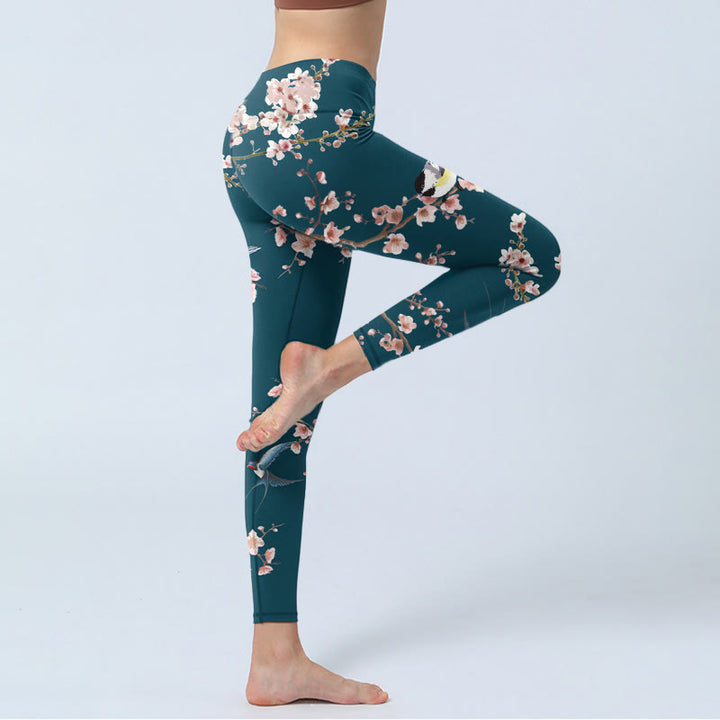 Buddha Stones、雀、ツバメ、桃の花柄プリントのジムレギンス、レディースヨガパンツ - image 5