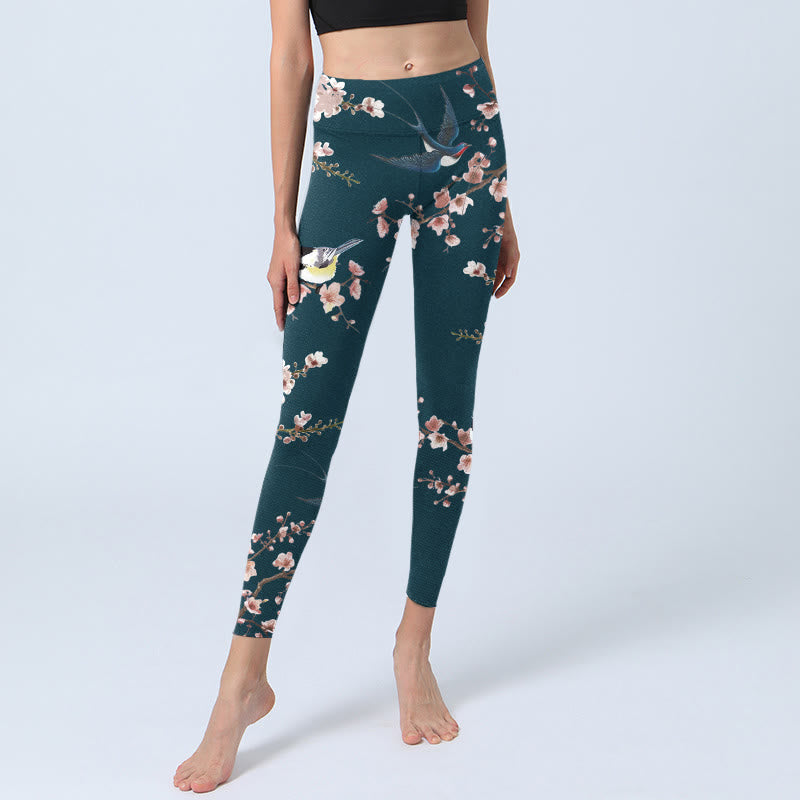 Buddha Stones、雀、ツバメ、桃の花柄プリントのジムレギンス、レディースヨガパンツ - image 6