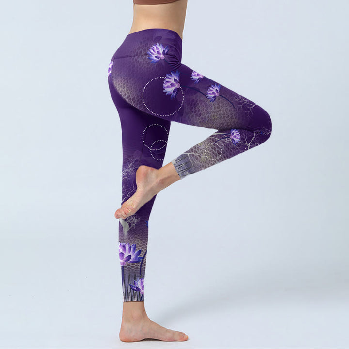 Buddha Stones、蓮の花、白い枝、ドット模様の円形プリントのジムレギンス、レディースヨガパンツ - image 5