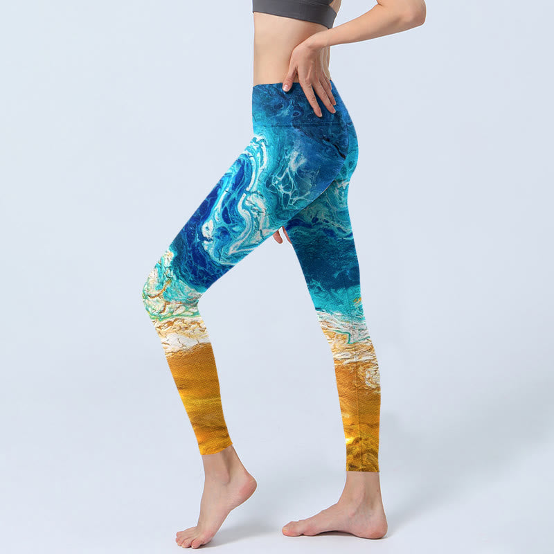 Buddha Stonesオーシャンウェーブゴールデンショア柄プリントジムレギンスレディースヨガパンツ - image 3