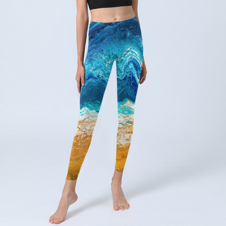 Buddha Stonesオーシャンウェーブゴールデンショア柄プリントジムレギンスレディースヨガパンツ - image 6