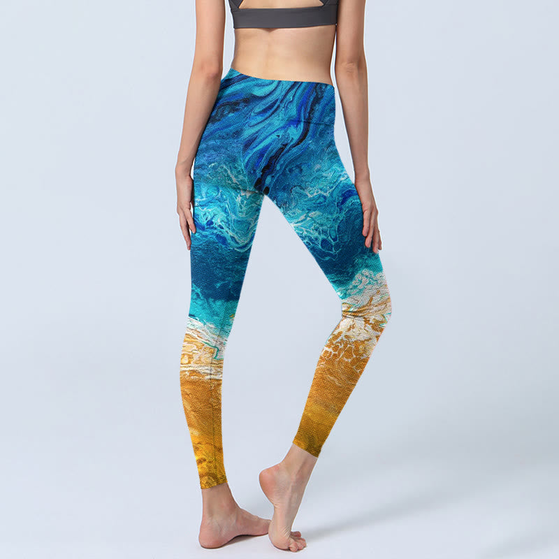 Buddha Stonesオーシャンウェーブゴールデンショア柄プリントジムレギンスレディースヨガパンツ - image 4