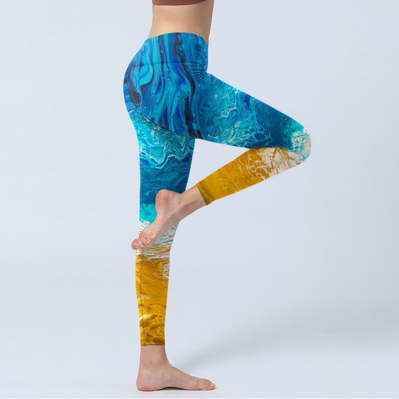 Buddha Stonesオーシャンウェーブゴールデンショア柄プリントジムレギンスレディースヨガパンツ - image 5