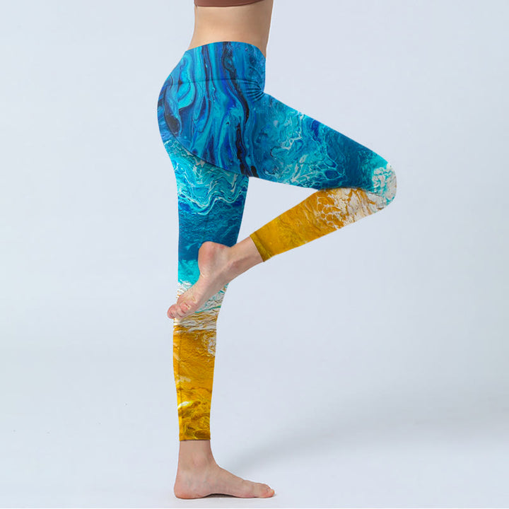 Buddha Stonesオーシャンウェーブゴールデンショア柄プリントジムレギンスレディースヨガパンツ - image 5