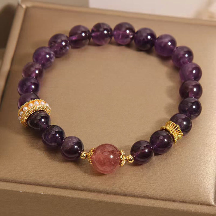 Buddha Stones天然アメジスト幸運のストロベリークォーツビーズ平和ブレスレット
