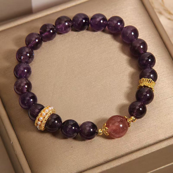 Buddha Stones天然アメジスト幸運のストロベリークォーツビーズ平和ブレスレット