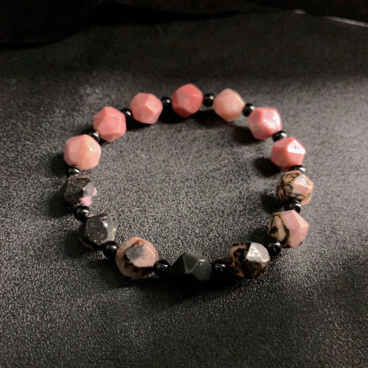 Buddha Stones天然ロードナイト ブラックライン レッドスポットストーン ポリゴンビーズ ヒーリングブレスレット