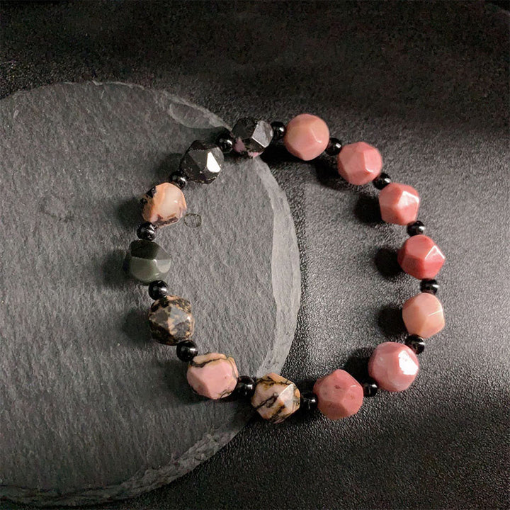 Buddha Stones天然ロードナイト ブラックライン レッドスポットストーン ポリゴンビーズ ヒーリングブレスレット