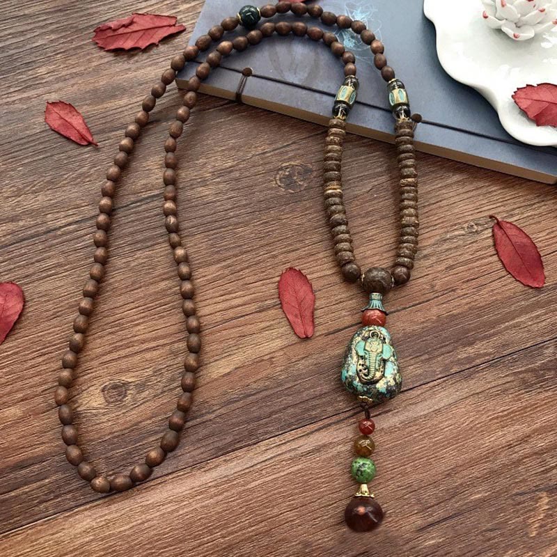 Buddha Stonesチベット手作りウェンジウッド保護Dziビーズ象頭ネックレスペンダント