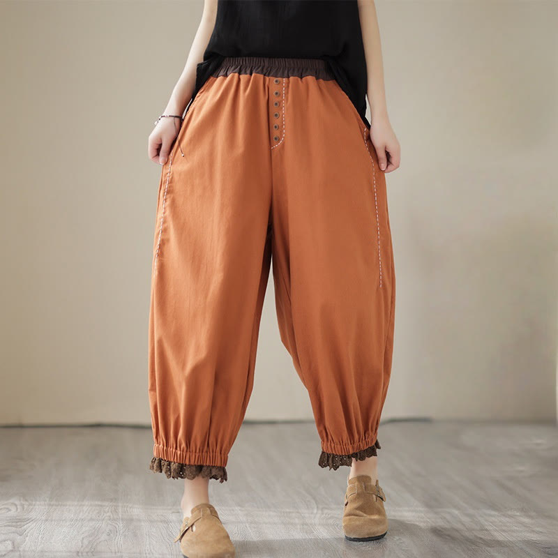 Buddha Stonesカジュアル 春 無地 パッチワークデザイン レディース コットン リネン 伸縮性ウエストバンド ハーレムパンツ ポケット付き - チョコレート - US8-10，UK/AU12-14，EU40-42 (2XL) - image 7