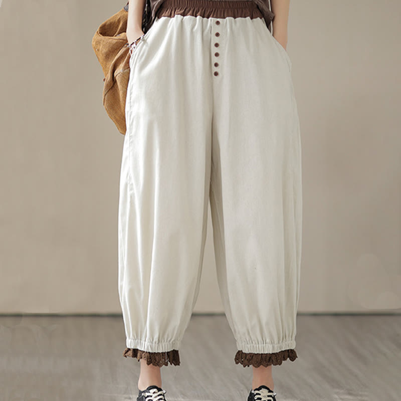 Buddha Stonesカジュアル 春 無地 パッチワークデザイン レディース コットン リネン 伸縮性ウエストバンド ハーレムパンツ ポケット付き - image 5