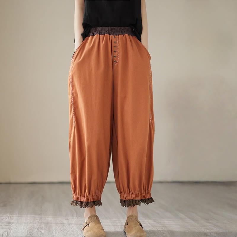 Buddha Stonesカジュアル 春 無地 パッチワークデザイン レディース コットン リネン 伸縮性ウエストバンド ハーレムパンツ ポケット付き - image 8