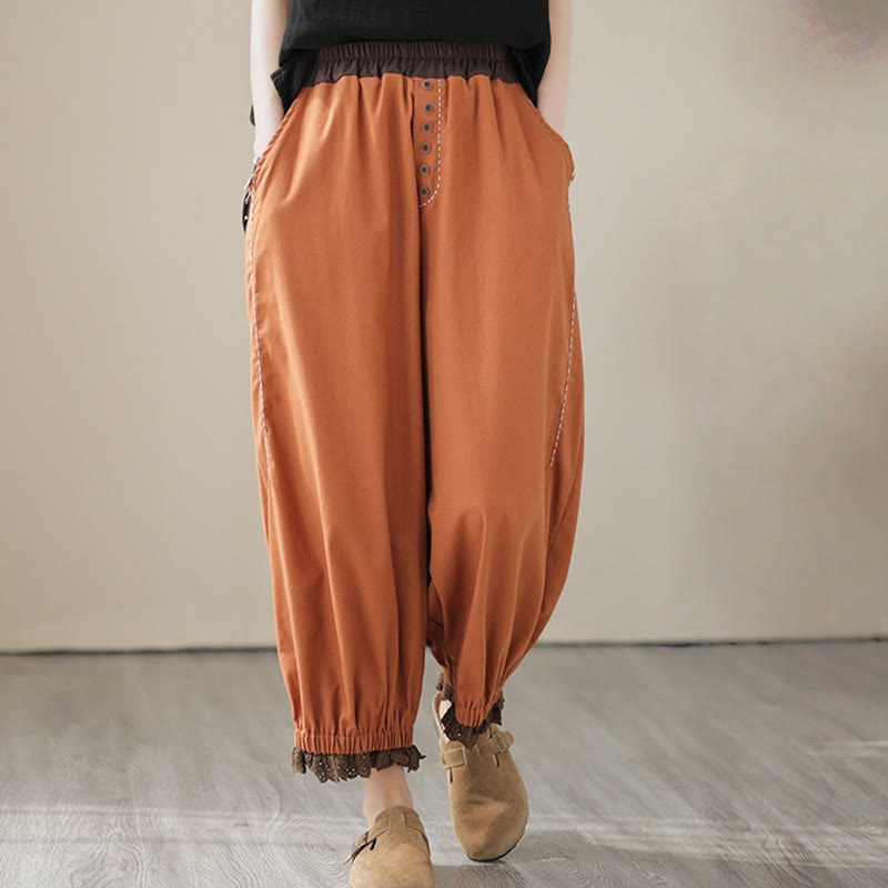 Buddha Stonesカジュアル 春 無地 パッチワークデザイン レディース コットン リネン 伸縮性ウエストバンド ハーレムパンツ ポケット付き - image 10