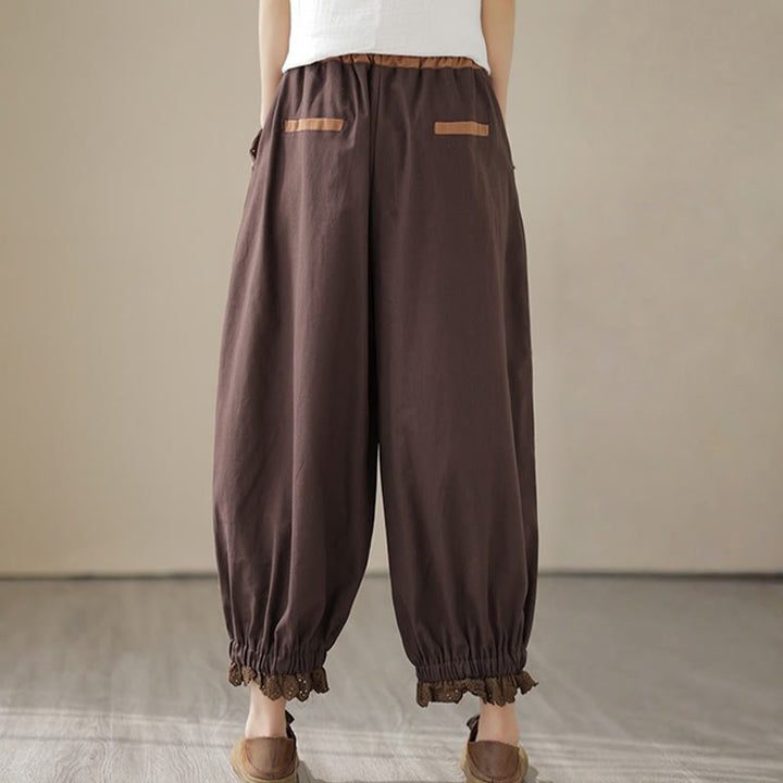 Buddha Stonesカジュアル 春 無地 パッチワークデザイン レディース コットン リネン 伸縮性ウエストバンド ハーレムパンツ ポケット付き