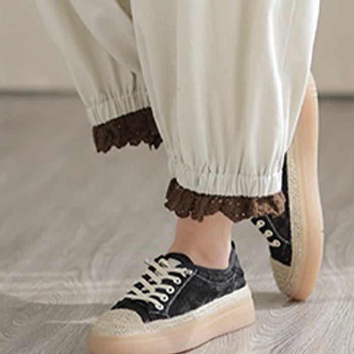 Buddha Stonesカジュアル 春 無地 パッチワークデザイン レディース コットン リネン 伸縮性ウエストバンド ハーレムパンツ ポケット付き - image 6