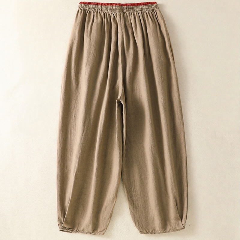 Buddha Stonesカジュアル刺繍 レディース コットンリネン 7-8丈 ハーレムパンツ ポケット付き - image 1