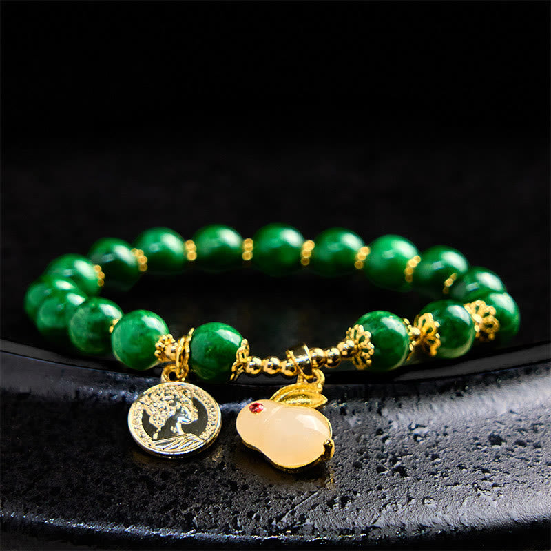 Buddha Stonesグリーンカルサイト ラブリーラビットチャーム クラリティブレスレット