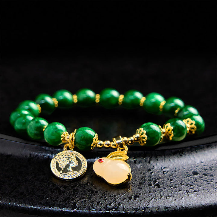 Buddha Stonesグリーンカルサイト ラブリーラビットチャーム クラリティブレスレット