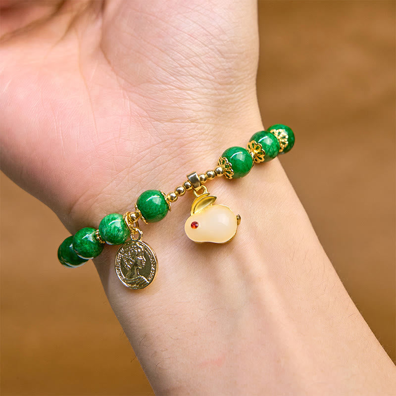 Buddha Stonesグリーンカルサイト ラブリーラビットチャーム クラリティブレスレット