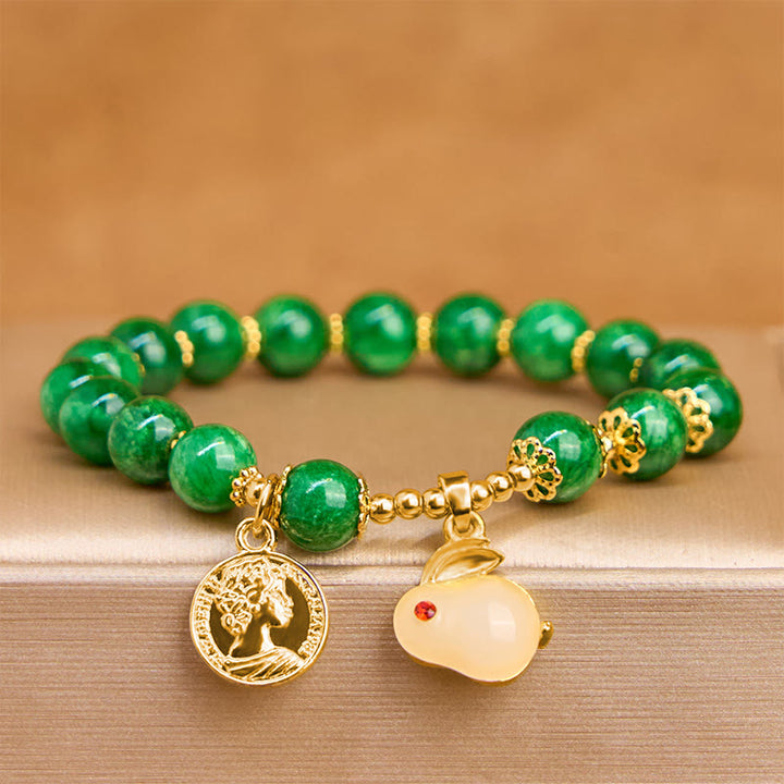 Buddha Stonesグリーンカルサイト ラブリーラビットチャーム クラリティブレスレット