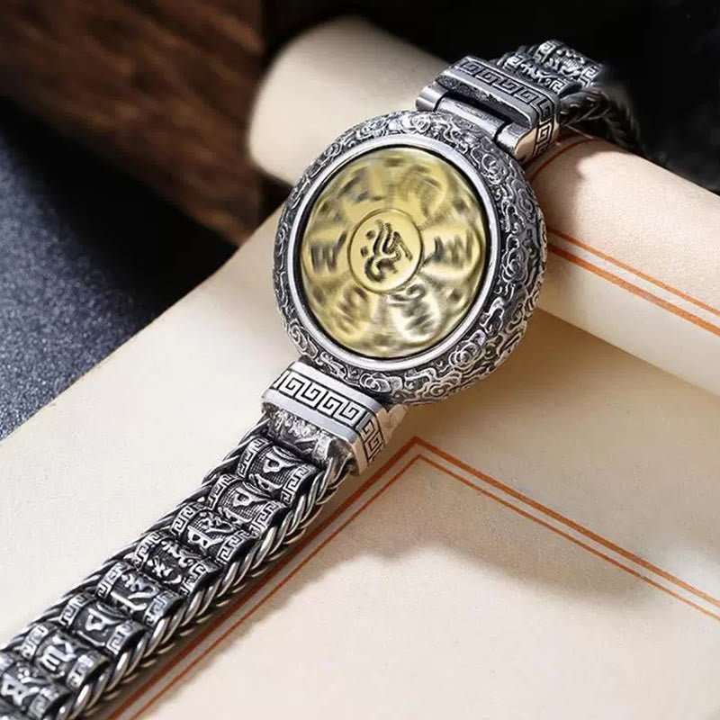Buddha Stonesチベット銅バックルオーム・マニ・パドメ・フム回転式チャーム回転式 平和 メタルブレスレット