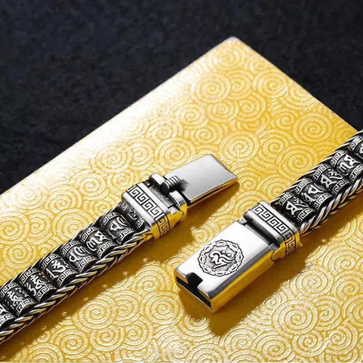 Buddha Stonesチベット銅バックルオーム・マニ・パドメ・フム回転式チャーム回転式 平和 メタルブレスレット