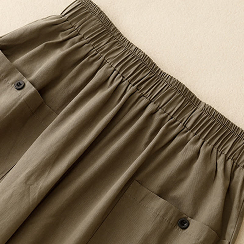 Buddha Stonesカジュアル ヴィンテージ 無地 ボタンデザイン レディース ワイドレッグ コットンパンツ ポケット付き - image 9