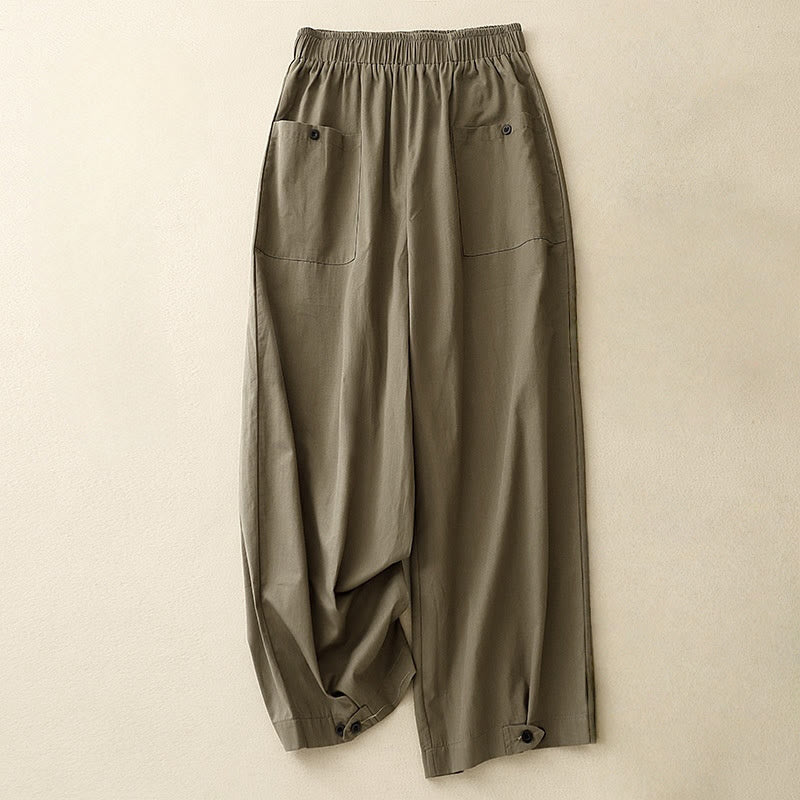 Buddha Stonesカジュアル ヴィンテージ 無地 ボタンデザイン レディース ワイドレッグ コットンパンツ ポケット付き - オリーブ - US8-10，UK/AU12-14，EU40-42 (2XL) - image 8