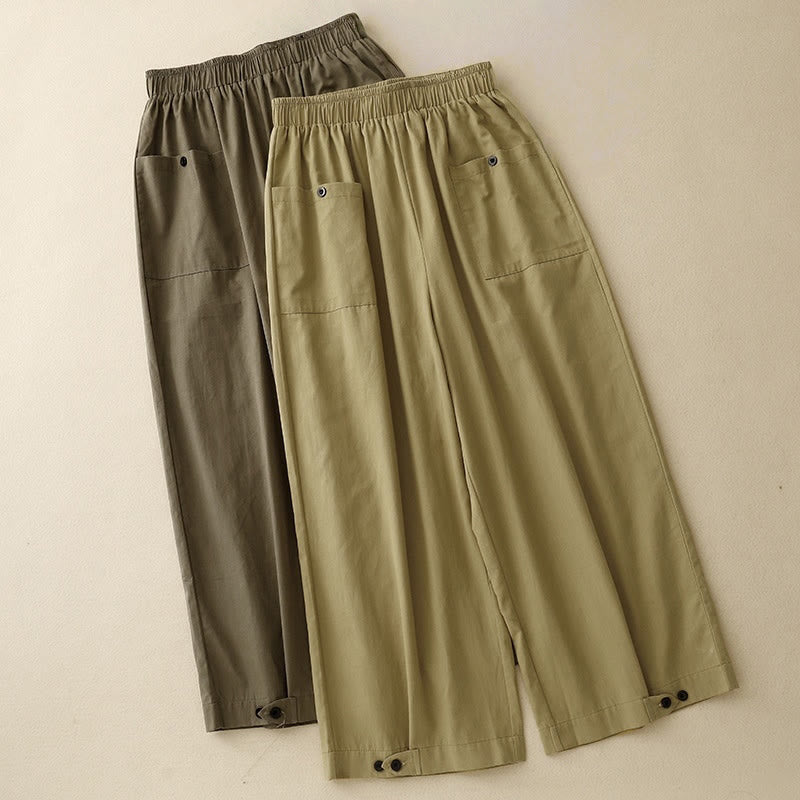 Buddha Stonesカジュアル ヴィンテージ 無地 ボタンデザイン レディース ワイドレッグ コットンパンツ ポケット付き - image 14