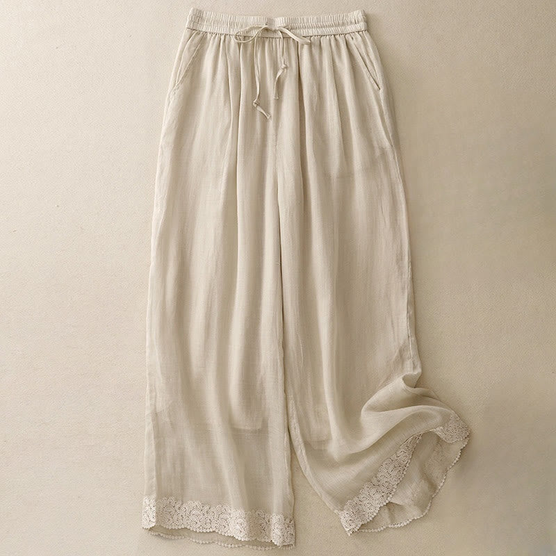 Buddha Stonesカジュアル ヴィンテージ 無地 ドローストリング レース パッチワーク デザイン レディース ワイドレッグ コットン 伸縮性ウエストバンド パンツ ポケット付き - ライトゴールデンロッドイエロー - US8-10，UK/AU12-14，EU40-42 (2XL) - image 10