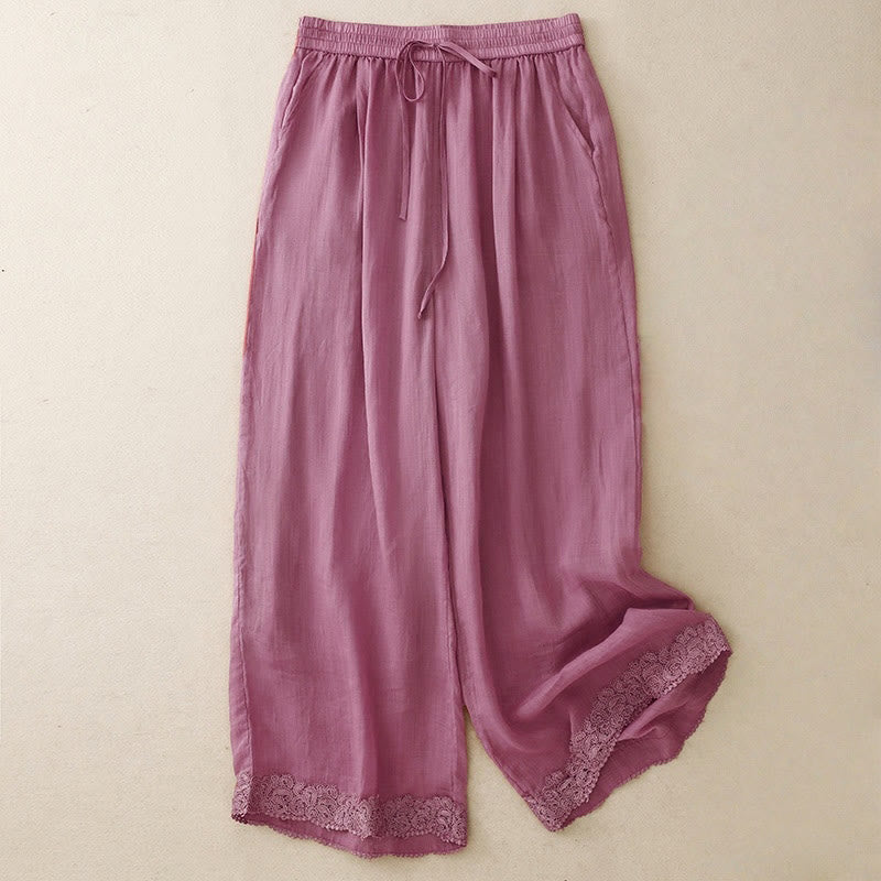 Buddha Stonesカジュアル ヴィンテージ 無地 ドローストリング レース パッチワーク デザイン レディース ワイドレッグ コットン 伸縮性ウエストバンド パンツ ポケット付き - ペールバイオレットレッド - US8-10，UK/AU12-14，EU40-42 (2XL) - image 6