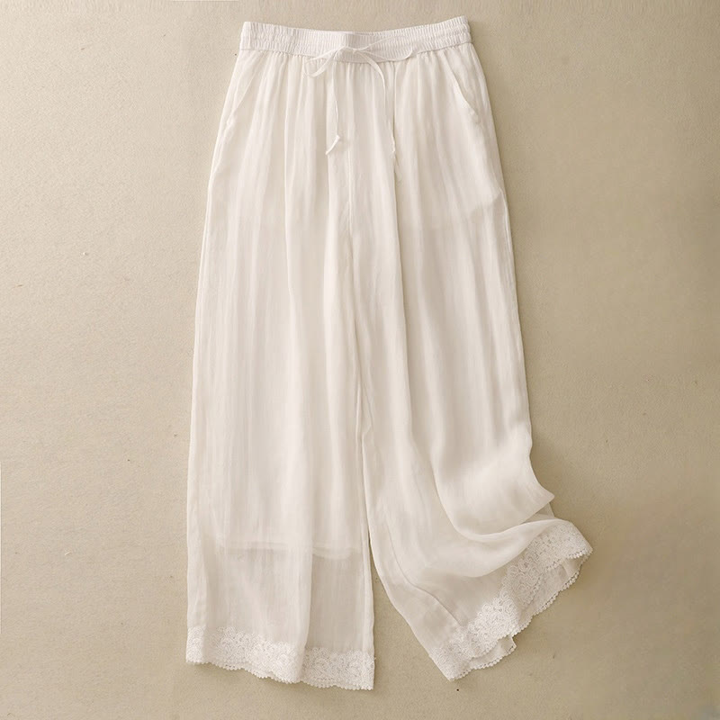 Buddha Stonesカジュアル ヴィンテージ 無地 ドローストリング レース パッチワーク デザイン レディース ワイドレッグ コットン 伸縮性ウエストバンド パンツ ポケット付き - フローラルホワイト - US8-10，UK/AU12-14，EU40-42 (2XL) - image 17
