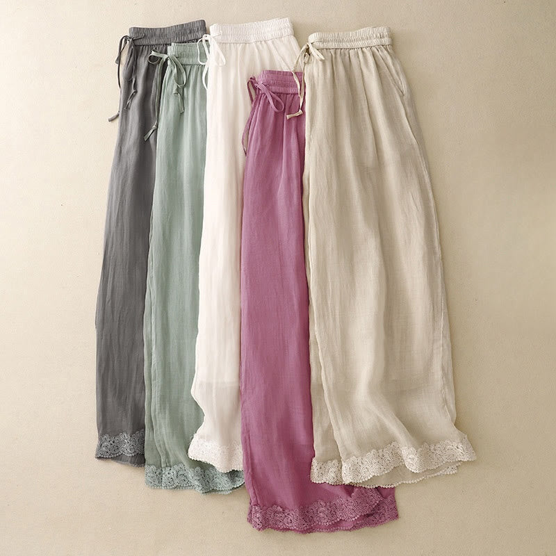 Buddha Stonesカジュアル ヴィンテージ 無地 ドローストリング レース パッチワーク デザイン レディース ワイドレッグ コットン 伸縮性ウエストバンド パンツ ポケット付き - image 19
