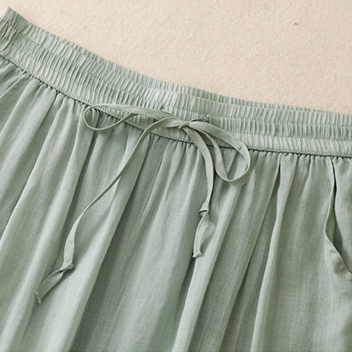 Buddha Stonesカジュアル ヴィンテージ 無地 ドローストリング レース パッチワーク デザイン レディース ワイドレッグ コットン 伸縮性ウエストバンド パンツ ポケット付き - image 1