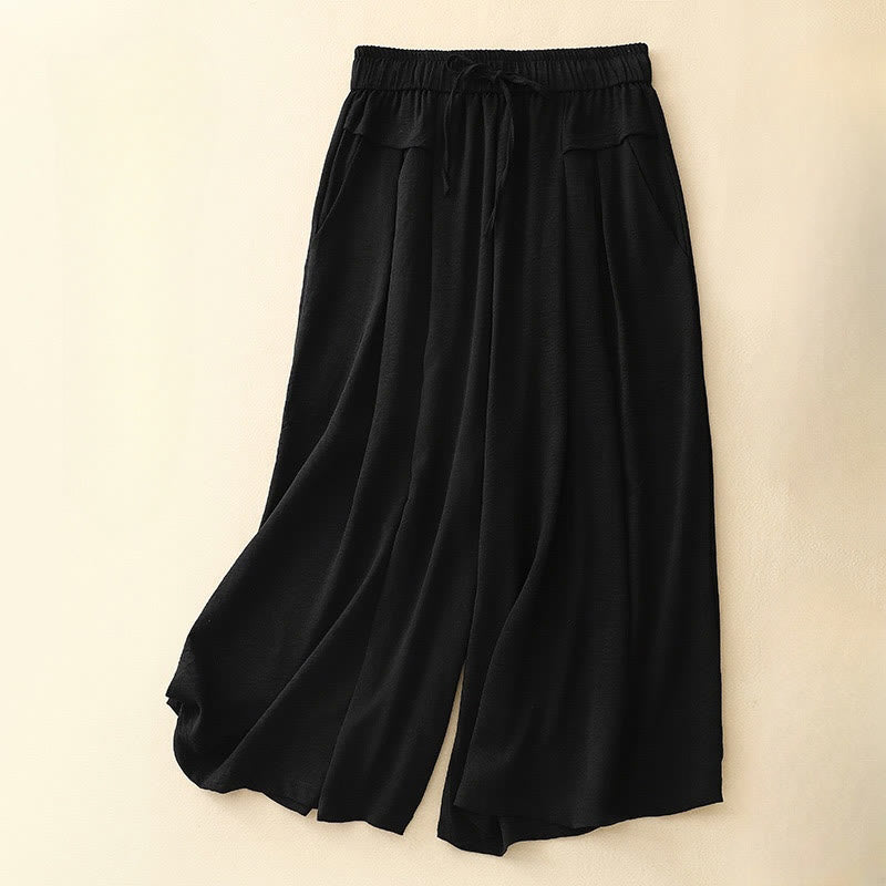 Buddha Stonesカジュアル エスニック シンプル ドローストリングデザイン レディース ワイドレッグ クロップドパンツ ポケット付き - 黒 - US8-10，UK/AU12-14，EU40-42 (2XL) - image 9