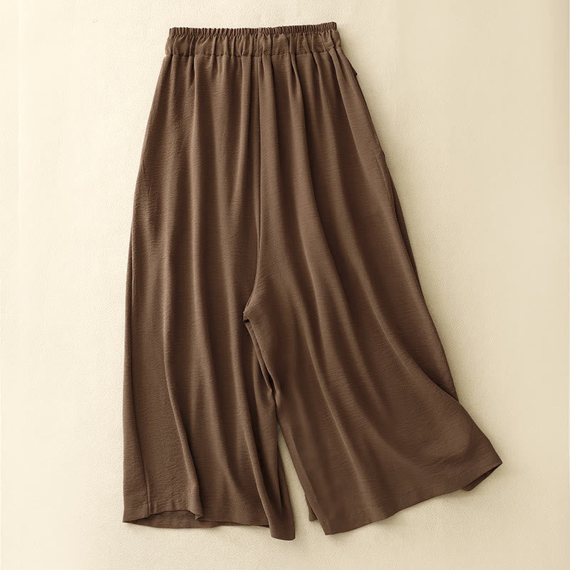Buddha Stonesカジュアル エスニック シンプル ドローストリングデザイン レディース ワイドレッグ クロップドパンツ ポケット付き - image 1