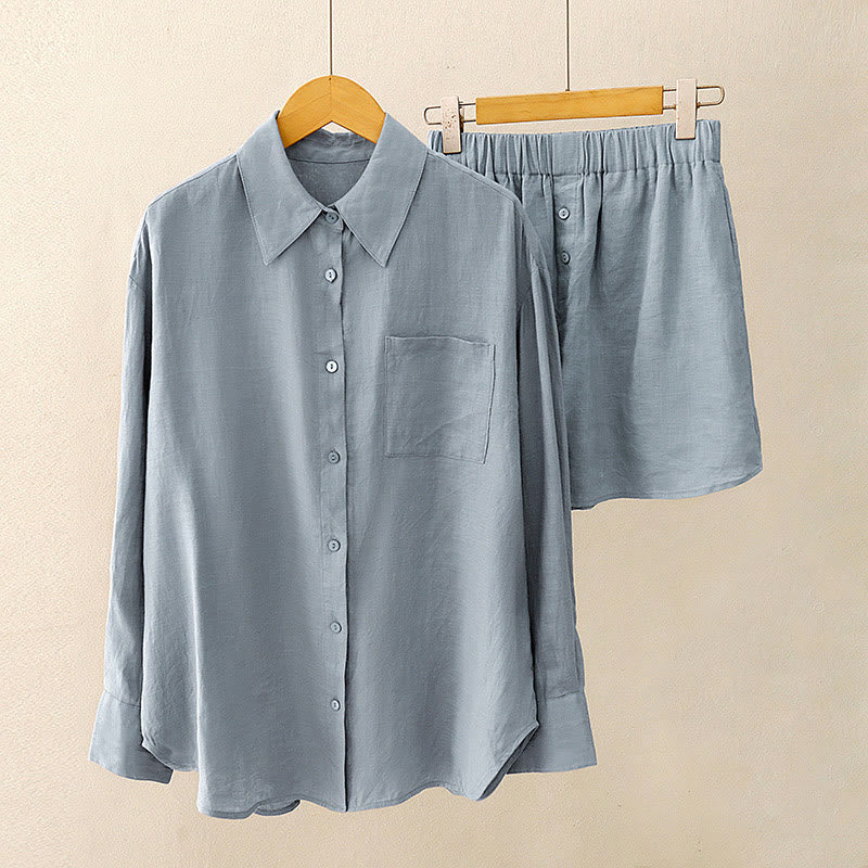 Buddha Stones夏 2点セット 無地 長袖 シャツ トップス カーディガン ショートパンツ 瞑想服 レディース ポケット付き - image 18