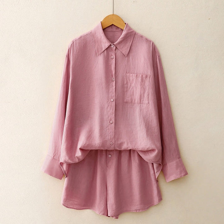 Buddha Stones夏用 2点セット 無地 長袖シャツ トップス ショートパンツ 瞑想服 レディース セット ポケット付き - image 1