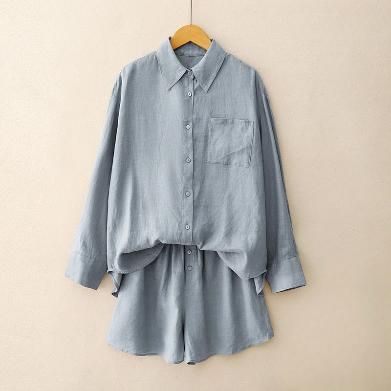 Buddha Stones夏用 2点セット 無地 長袖シャツ トップス ショートパンツ 瞑想服 レディース セット ポケット付き - コーンフラワーブルー - US12、 UK/AU16、 EU44 (2XL) - image 17