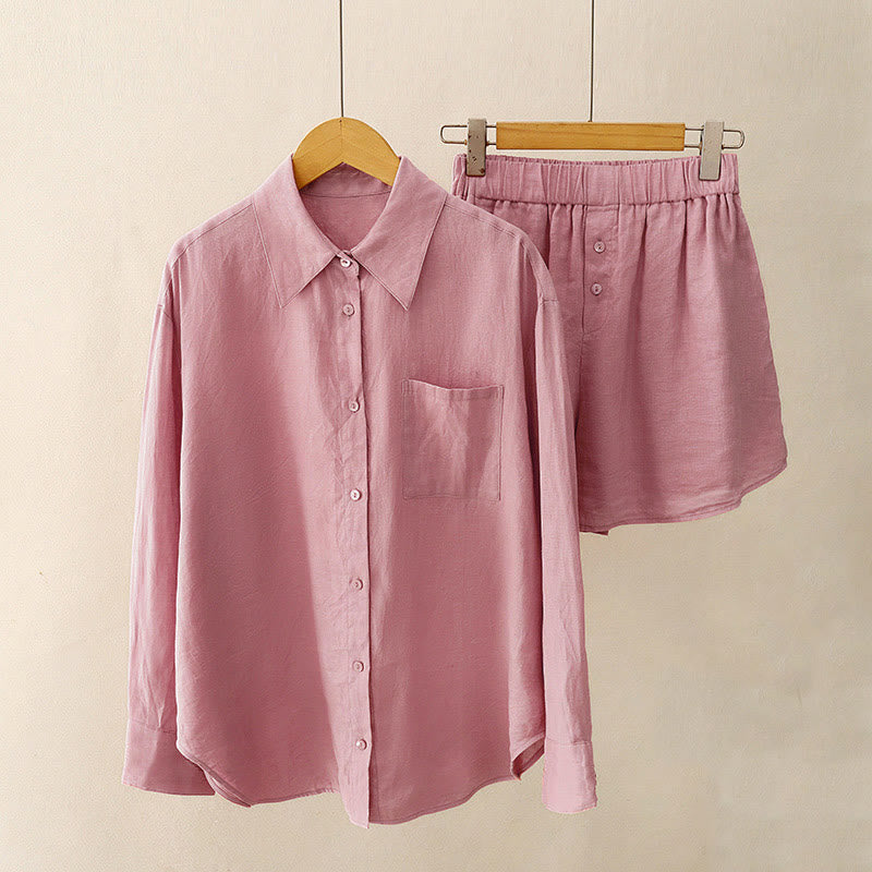 Buddha Stones夏用 2点セット 無地 長袖シャツ トップス ショートパンツ 瞑想服 レディース セット ポケット付き - 淡い紫がかった赤 - US12、 UK/AU16、 EU44 (2XL) - image 0