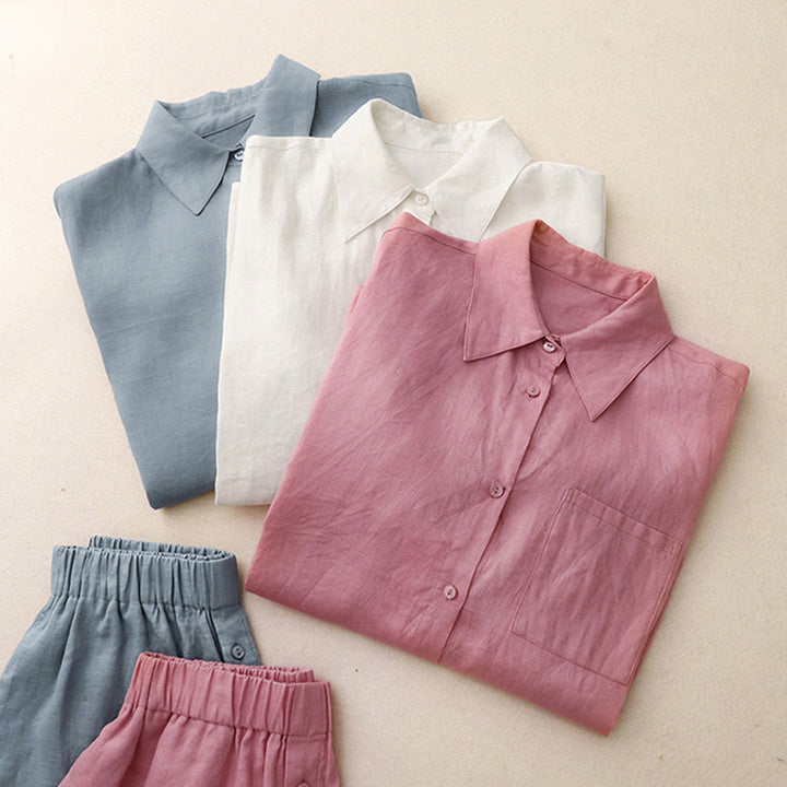 Buddha Stones夏 2点セット 無地 長袖 シャツ トップス カーディガン ショートパンツ 瞑想服 レディース ポケット付き - image 33