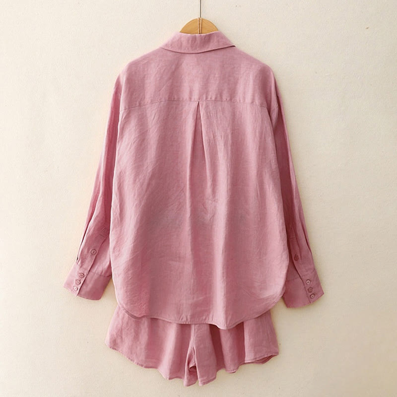 Buddha Stones夏 2点セット 無地 長袖 シャツ トップス カーディガン ショートパンツ 瞑想服 レディース ポケット付き - image 2