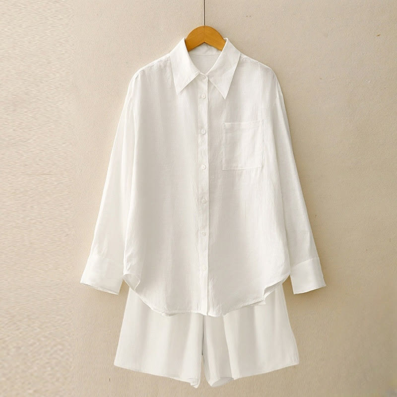 Buddha Stones夏用 2点セット 無地 長袖シャツ トップス ショートパンツ 瞑想服 レディース セット ポケット付き - 白 - US12、 UK/AU16、 EU44 (2XL) - image 28