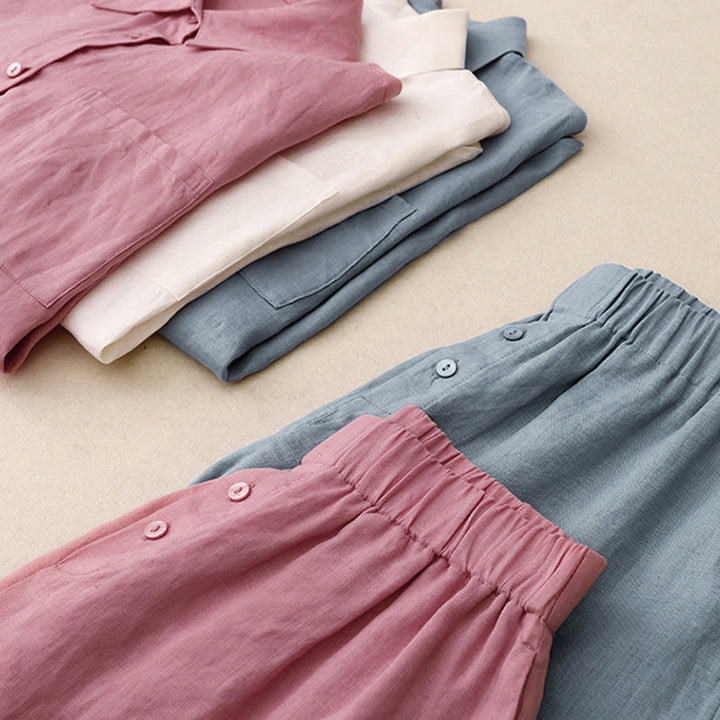 Buddha Stones夏用 2点セット 無地 長袖シャツ トップス ショートパンツ 瞑想服 レディース セット ポケット付き - image 34