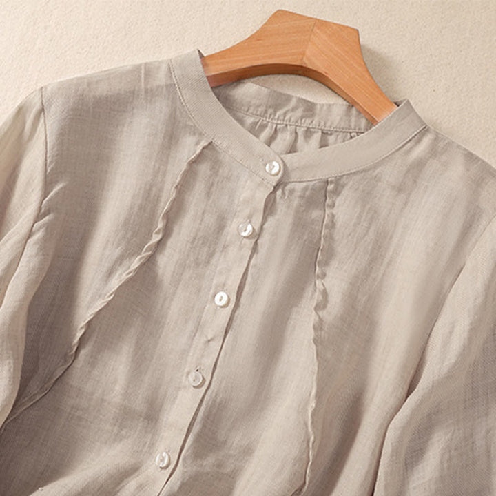 Buddha Stonesカジュアル デイリー 無地 ボタン フリルデザイン スタンドカラー レディース コットンリネン 七分袖シャツ - image 9