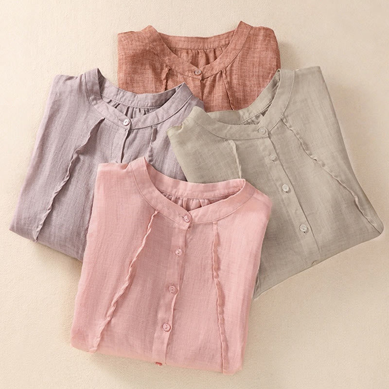 Buddha Stonesカジュアル デイリー 無地 ボタン フリルデザイン スタンドカラー レディース コットン リネン 七分袖 シャツ カーディガン - image 31