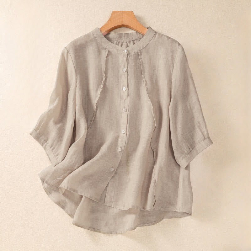 Buddha Stonesカジュアル デイリー 無地 ボタン フリルデザイン スタンドカラー レディース コットンリネン 七分袖シャツ - タン - US8-10，UK/AU12-14，EU40-42 (2XL) - image 7