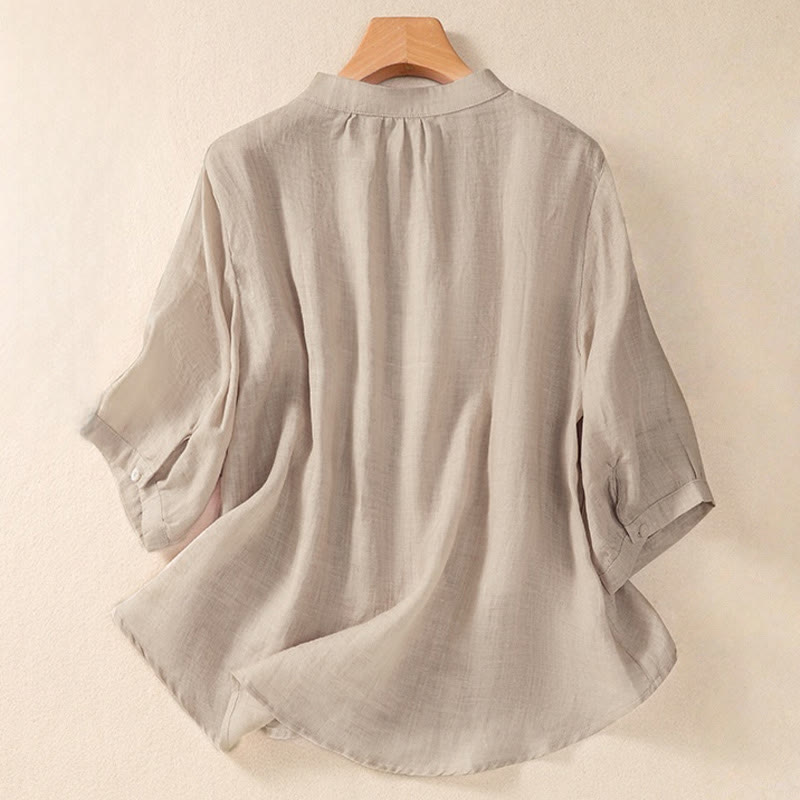 Buddha Stonesカジュアル デイリー 無地 ボタン フリルデザイン スタンドカラー レディース コットンリネン 七分袖シャツ - image 8