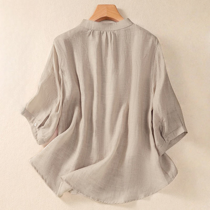 Buddha Stonesカジュアル デイリー 無地 ボタン フリルデザイン スタンドカラー レディース コットンリネン 七分袖シャツ - image 8